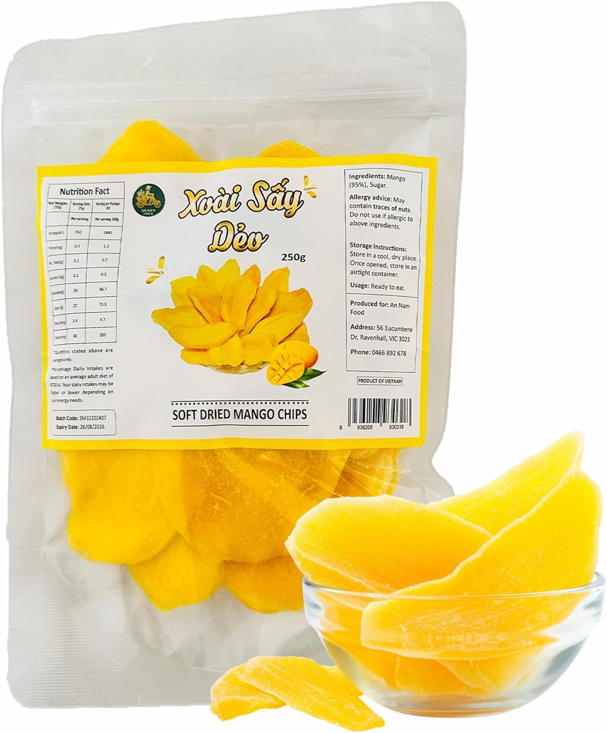 Natural Dried Mango Slices - 250g - Juicy and Fresh, High Fiber, Resealable, Vegan Fruit Snack for Anytime