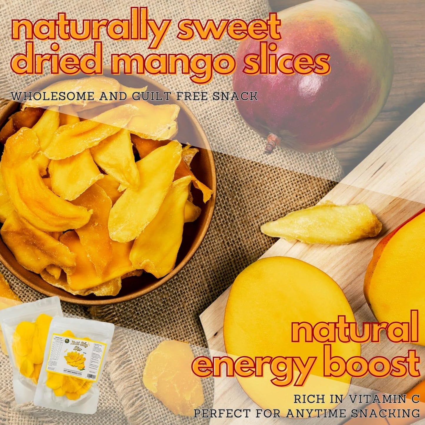 Natural Dried Mango Slices - 250g - Juicy and Fresh, High Fiber, Resealable, Vegan Fruit Snack for Anytime