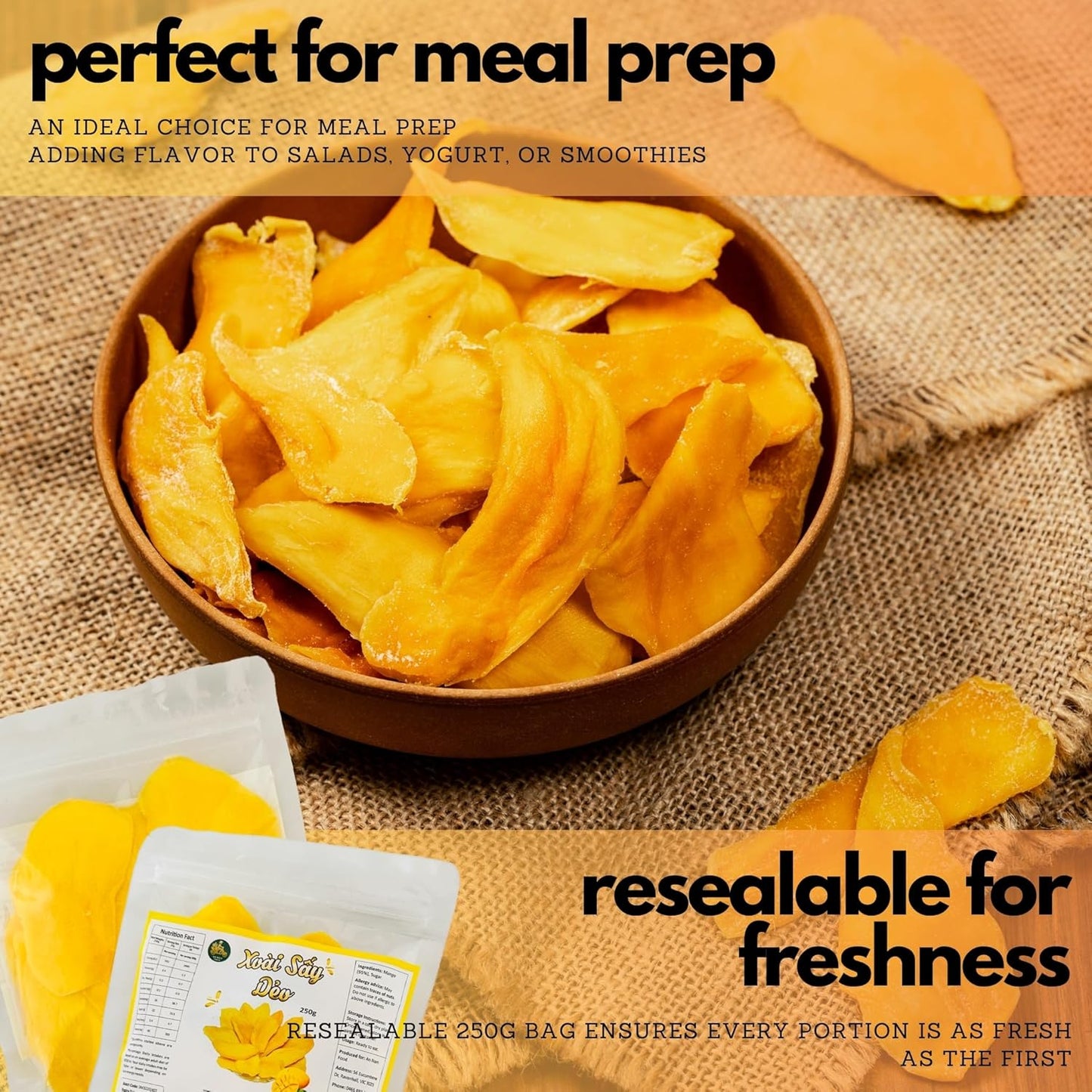 Natural Dried Mango Slices - 250g - Juicy and Fresh, High Fiber, Resealable, Vegan Fruit Snack for Anytime
