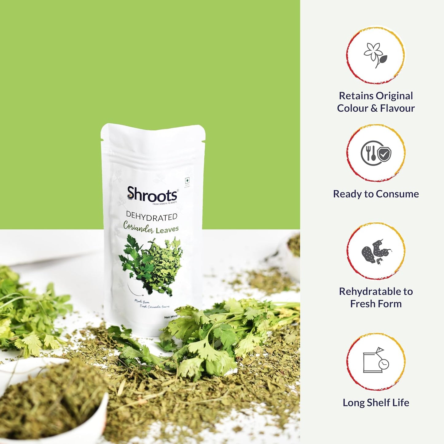 SHROOTS Dehydrated Coriander Leaves Pure Vegetarian Gluten-Free No Added Salt Flavorful Kitchen Essential Machine Dried Vegetables with Natural Aroma Ideal for Everyday Cooking - 0.35 oz, Pack of 1